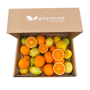 box with organic citrus fruits, oranges and lemons