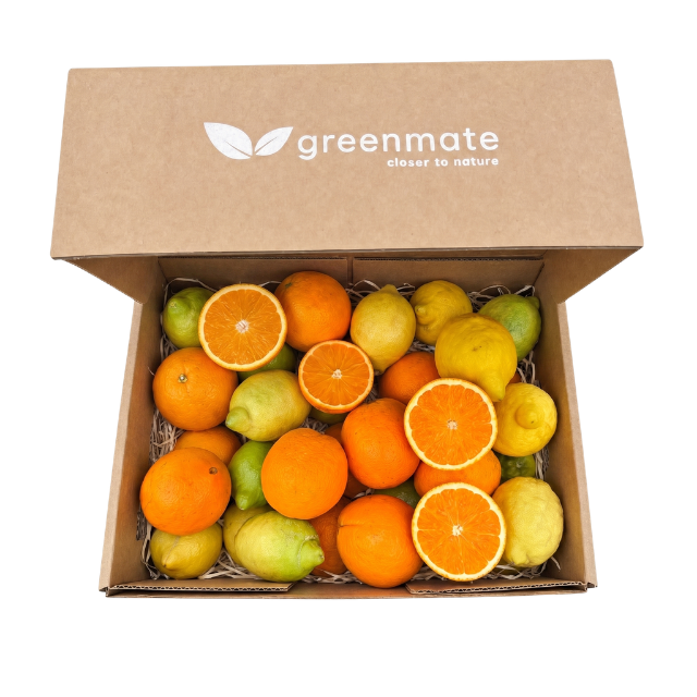 box with organic citrus fruits, oranges and lemons