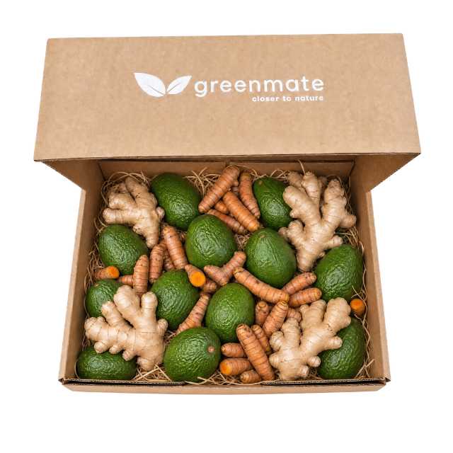 Box with ginger, avocado and turmeric