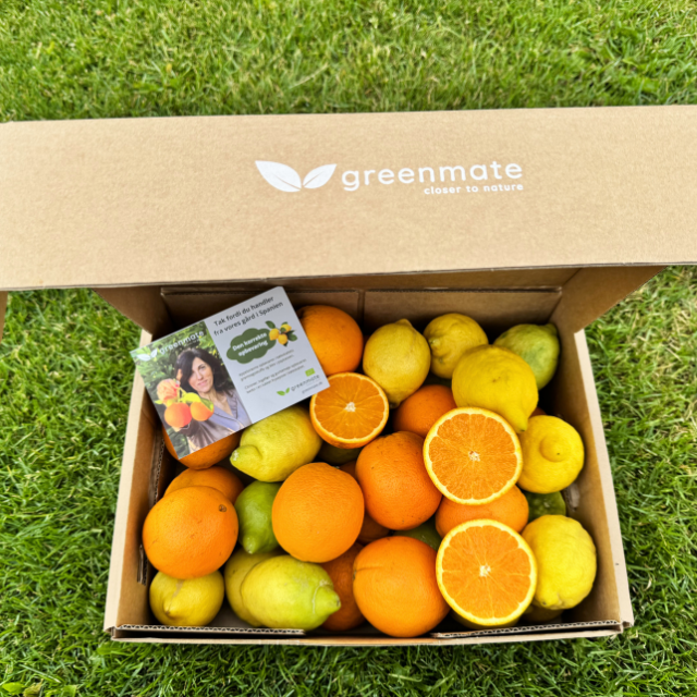 box with organic lemons and oranges on green grass
