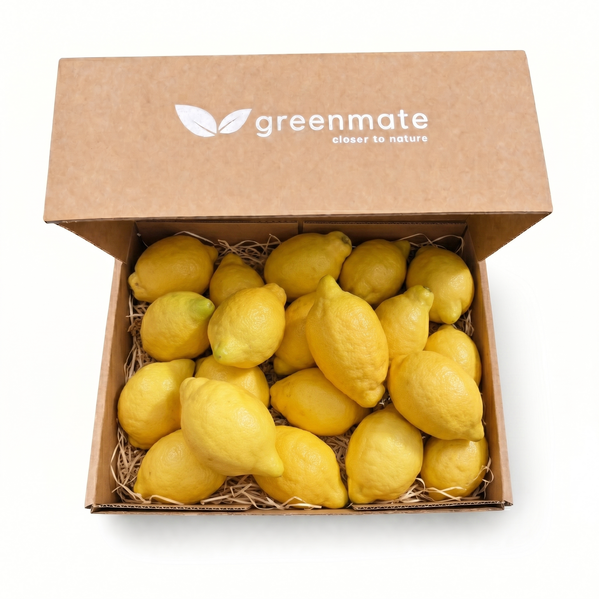 Box of organic lemons with 'greenmate' branding on a white background
