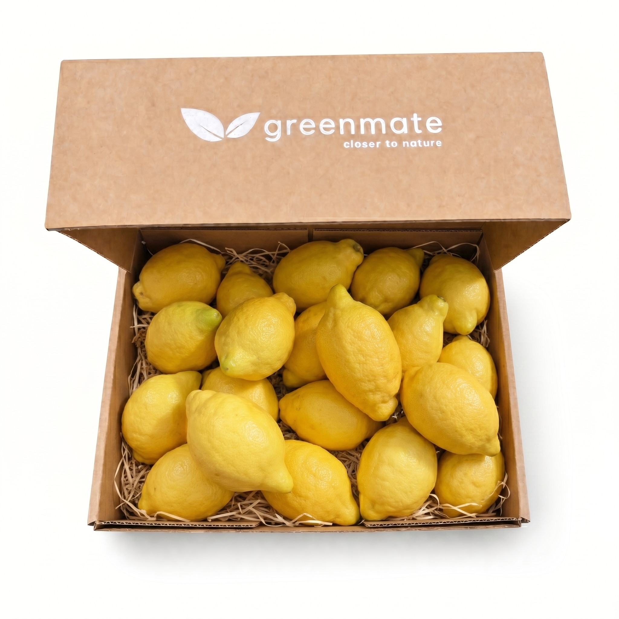Box of organic lemons with 'greenmate' branding on a white background