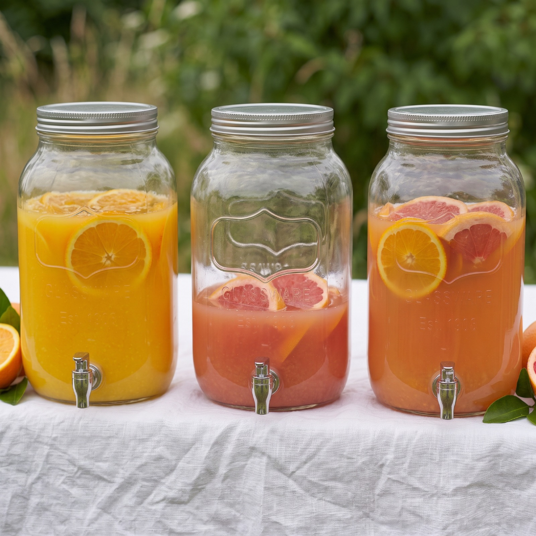Tre glasdispensere med friskpresset appelsin- og grapefrugtjuice