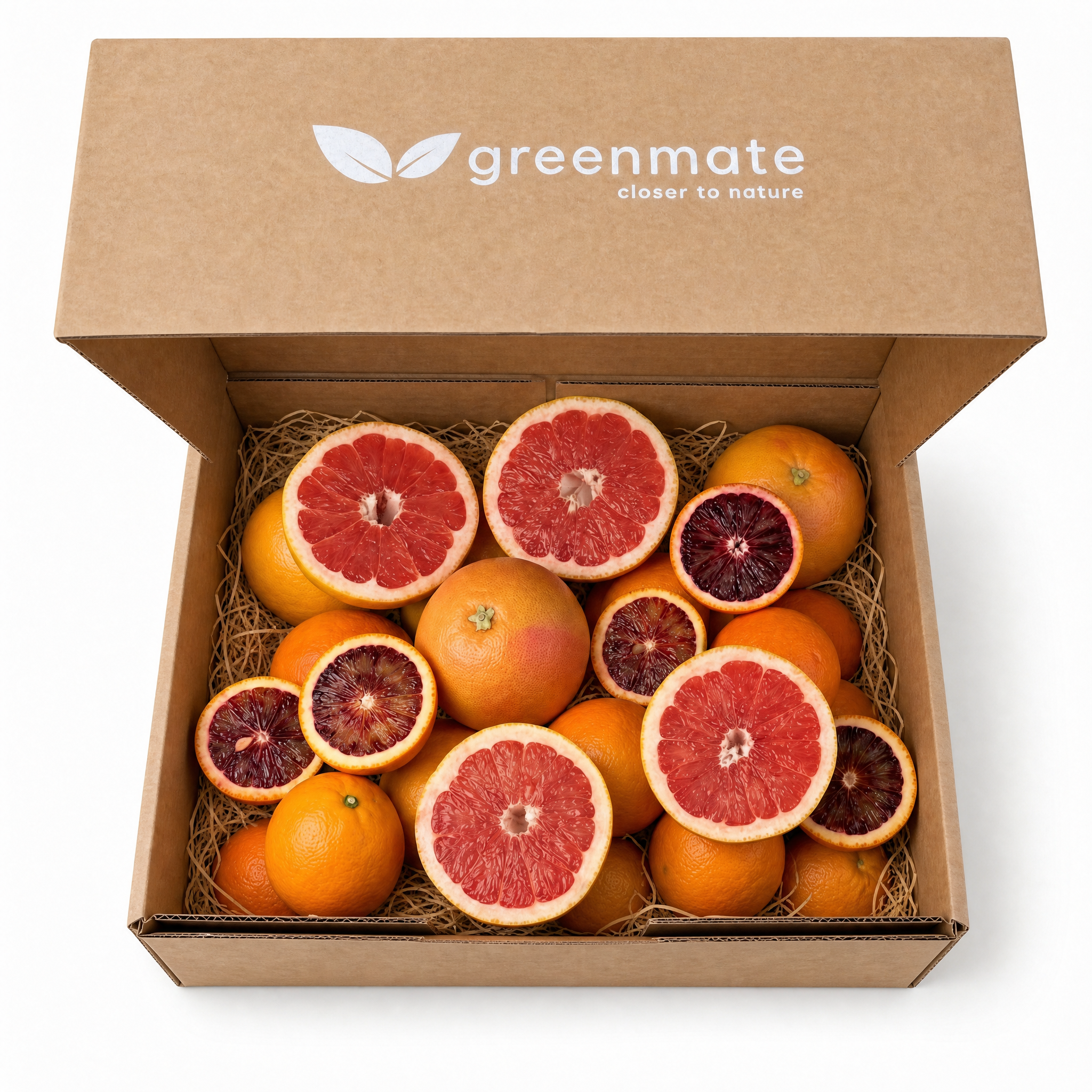 Grapefrugter og blodappelsiner i en papkasse