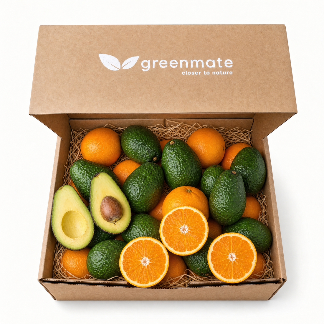 oranges and avocados in a box