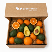 Small box with oranges and avocados