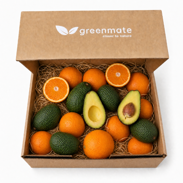 Small box with oranges and avocados