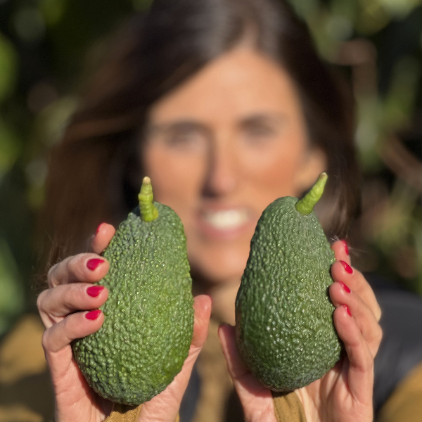 Kvinde viser to grønne Hass avocadoer med stilk