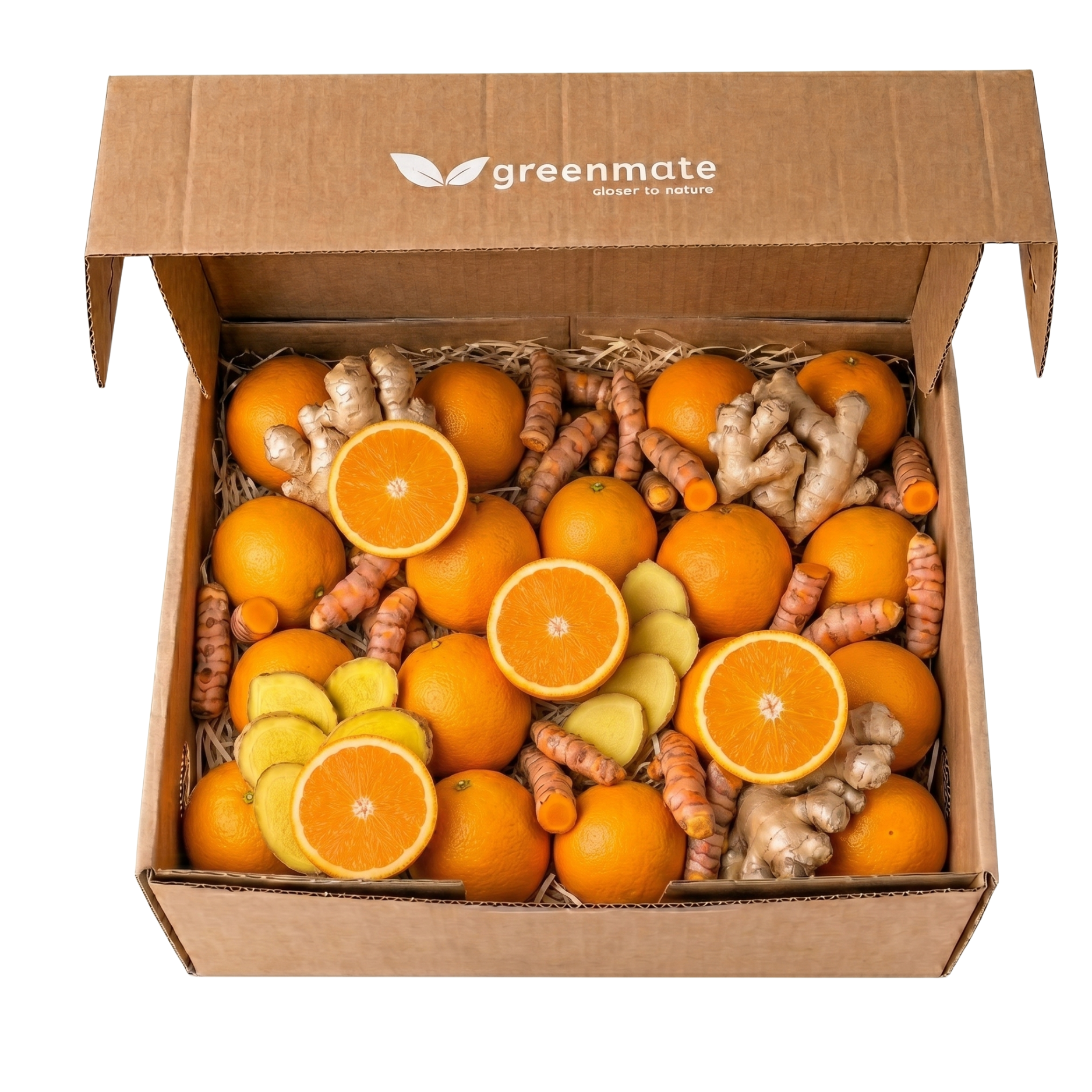 box with oranges, ginger and turmeric