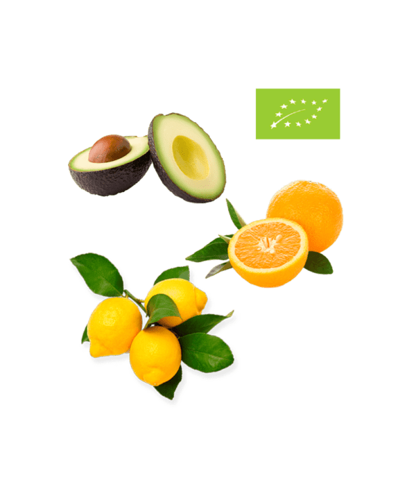 Økologisk avocado, appelsiner, citroner med blade
